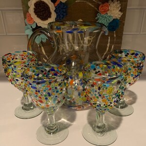 Blown Glass Water Pitcher and Water Goblets |  Colorful Spanish Tablescape | Blown Glass Barware | Confetti Glassware