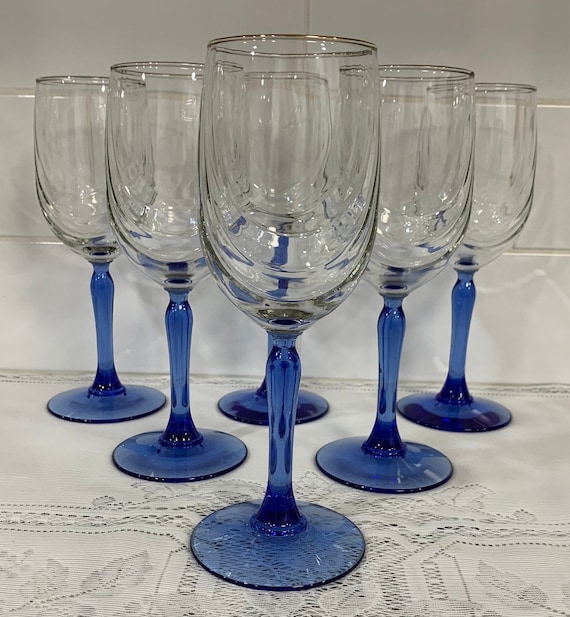 Crystal Blue Water Goblets Gold Rim Blown Glass Blue Stem Water Goblets  Blue Tabledecor -  Israel