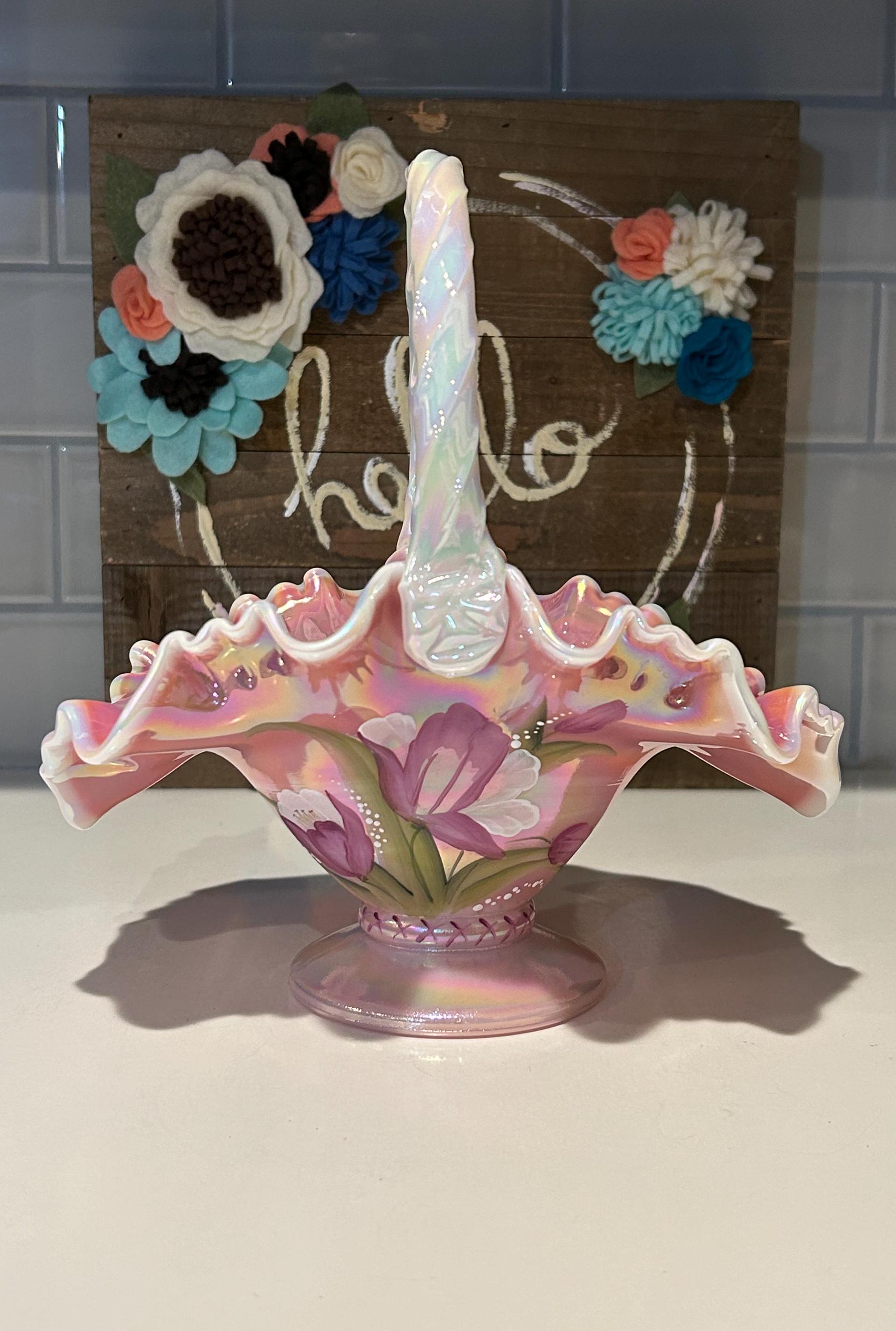 Fenton Glass Iridescent Pink Rosalene Tulip Basket: 95th