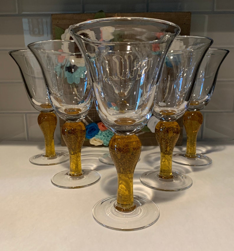 Vintage Water Goblets Blown Glass Water Goblets Amber Stem Etsy