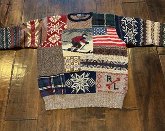Vintage Polo Ralph Lauren Patchwork SKI Hand Knit Wool Sweater Patchwork -Large