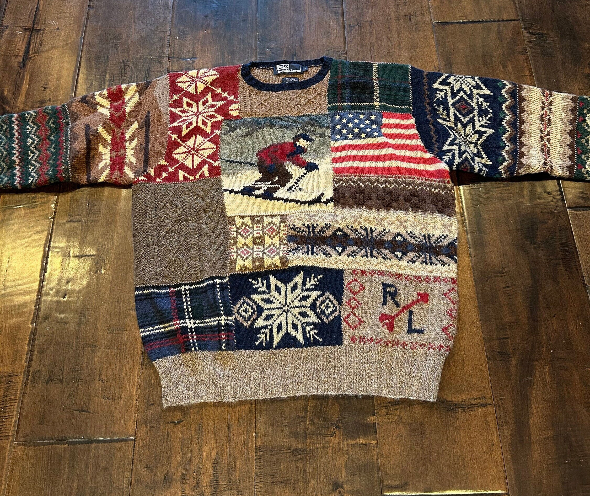 Vintage Polo Ralph Lauren Patchwork SKI Hand Knit Wool Sweater 