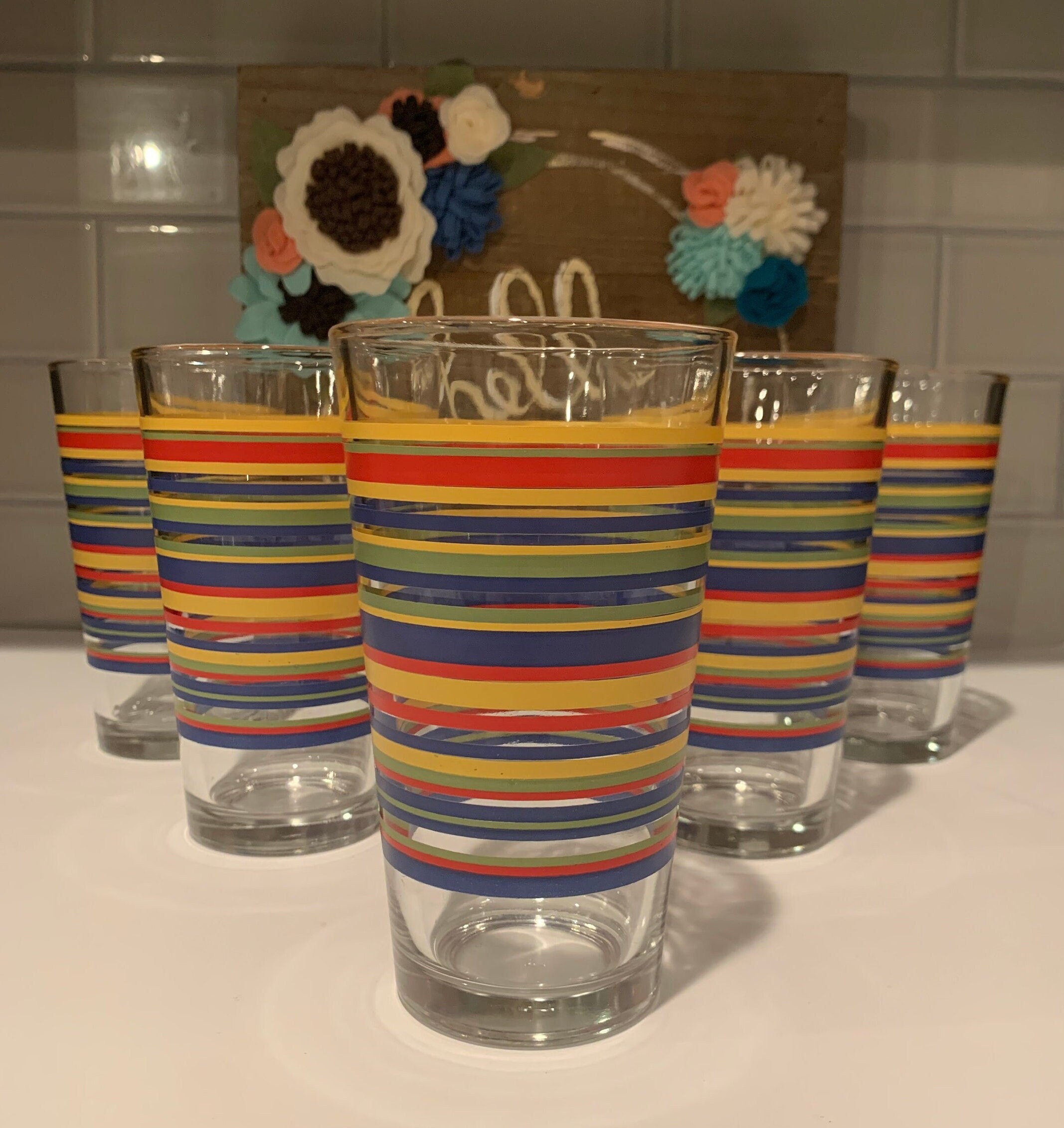 FUN! Set of 8 vintage 'Libby' Fiestaware drinking glasses (4 goblets/4  tumblers). $165/set. #fiestaware #vintage #vintagefiestaware…