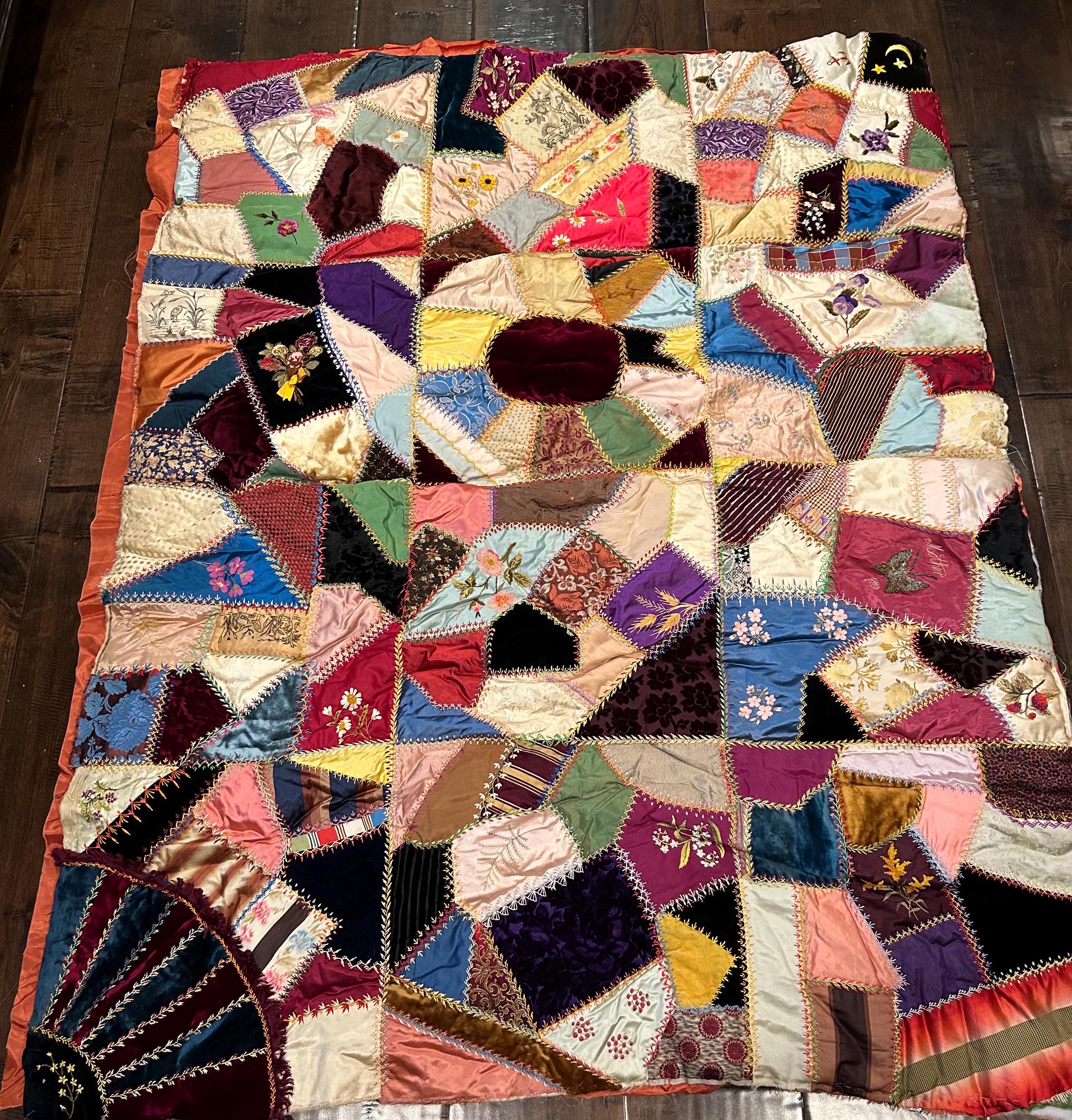 Crazy Patch Quilt | Velvet Silk and Flower Sack Patch Quilt | Unique Patch Quilt | Historic Crazy Patch Quilt
