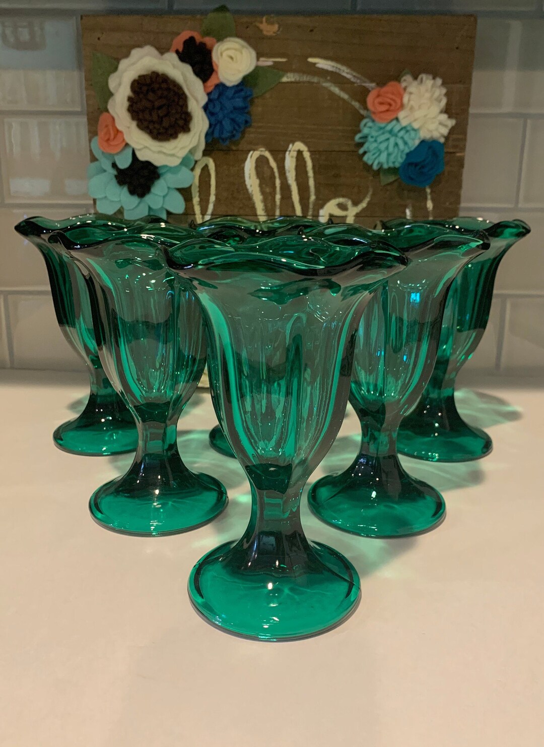 Vintage Anchor Hocking Emerald Green Parfait Glasses Ice Cream Sundae