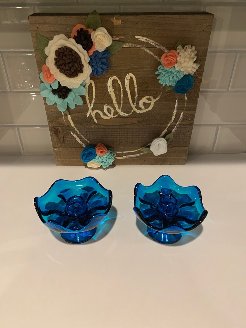 Vintage Teal Blue Viking Glass Candle Holders Lotus Candle Etsy