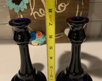 ヴィンテージ コバルトブルー ガラス キャンドルホルダー - 2個セット