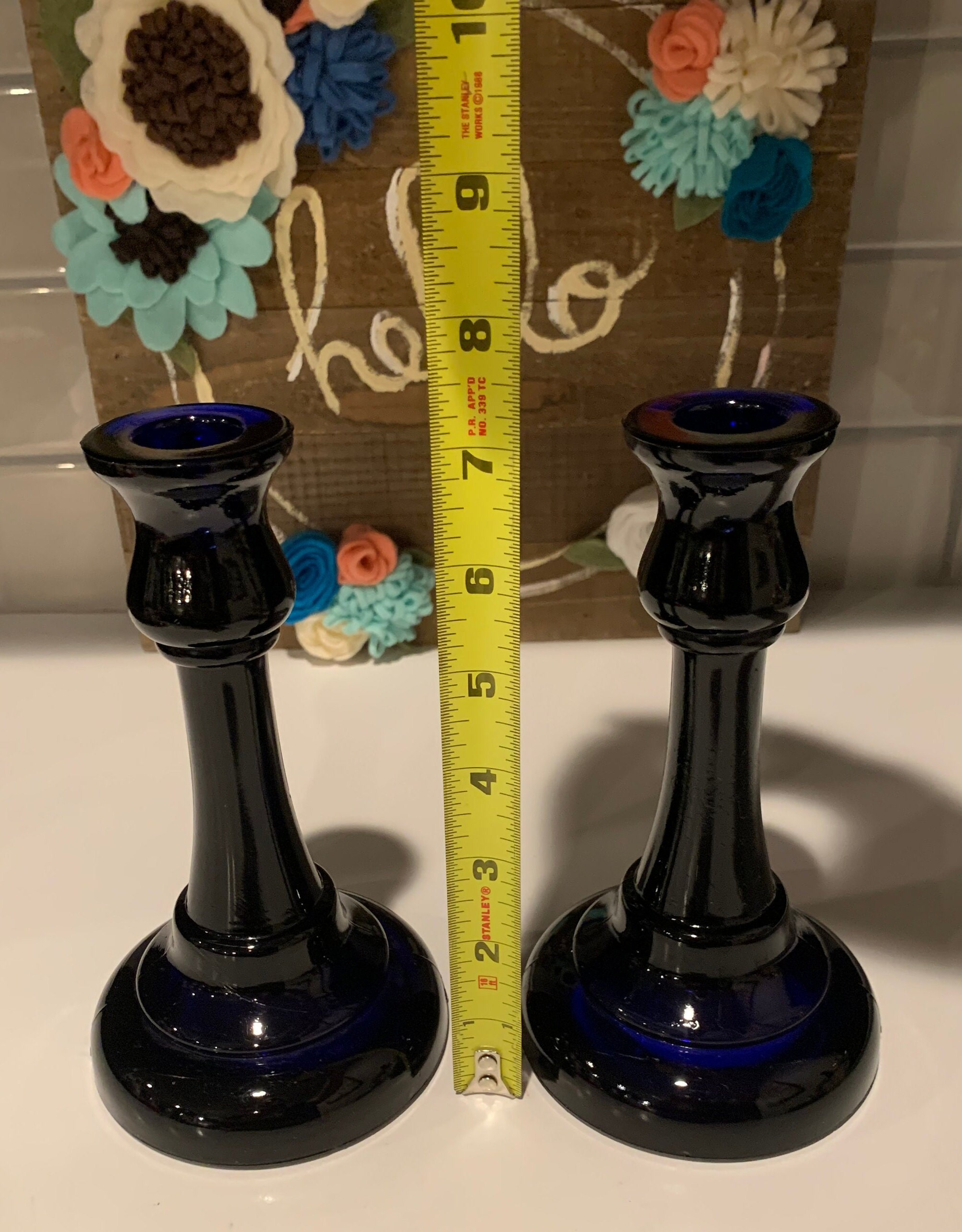 ヴィンテージ コバルトブルー ガラス キャンドルホルダー - 2個セット