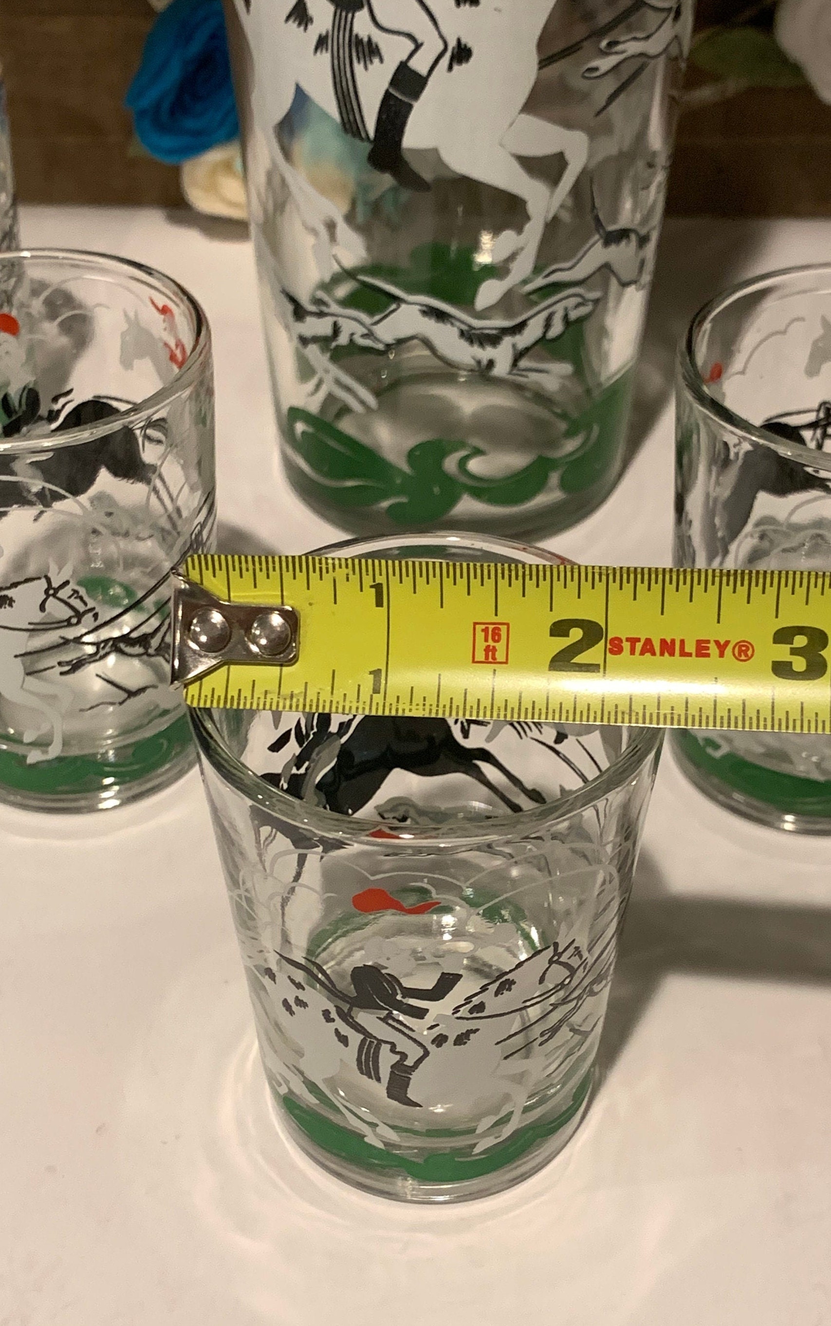 Vintage Hazel Atlas Fox Hunt Cocktail Shaker Set With Shot Glasses