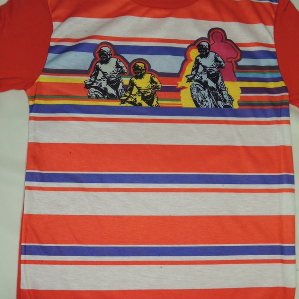 Vintage Tshirt Motocross Motorbike Retro Red Striped 1970/80's *NEW* T-Shirt Vintage Boys Girls Top Size 12 Made in Australia 'Security'