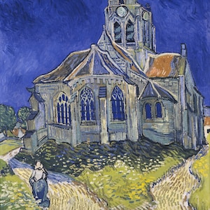 May include: A painting of a church with a tall steeple and a clock tower. The church is painted in shades of blue, green, and yellow, with a swirling sky in the background. A single figure walks on a path leading to the church.