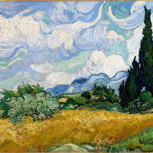 May include: A painting depicting a field of wheat with a blue sky and white clouds. Two tall, dark green cypress trees stand in the background. The painting is in the style of Vincent van Gogh.