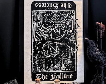 Hand-Printed DnD Tarot Card Art, Success & Failure Lino Print