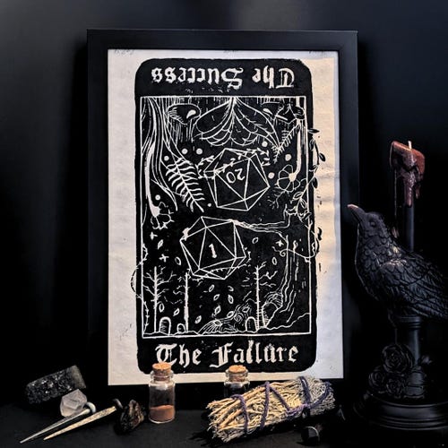 Arte de carta de tarô de D&D impressa à mão, Sucesso e Fracasso - Impressão em linóleo
