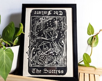 The Success & The Failure A4 Print - Dungeons And Dragons Original Art, nat 20, nat 1 lino print, TTRPG art