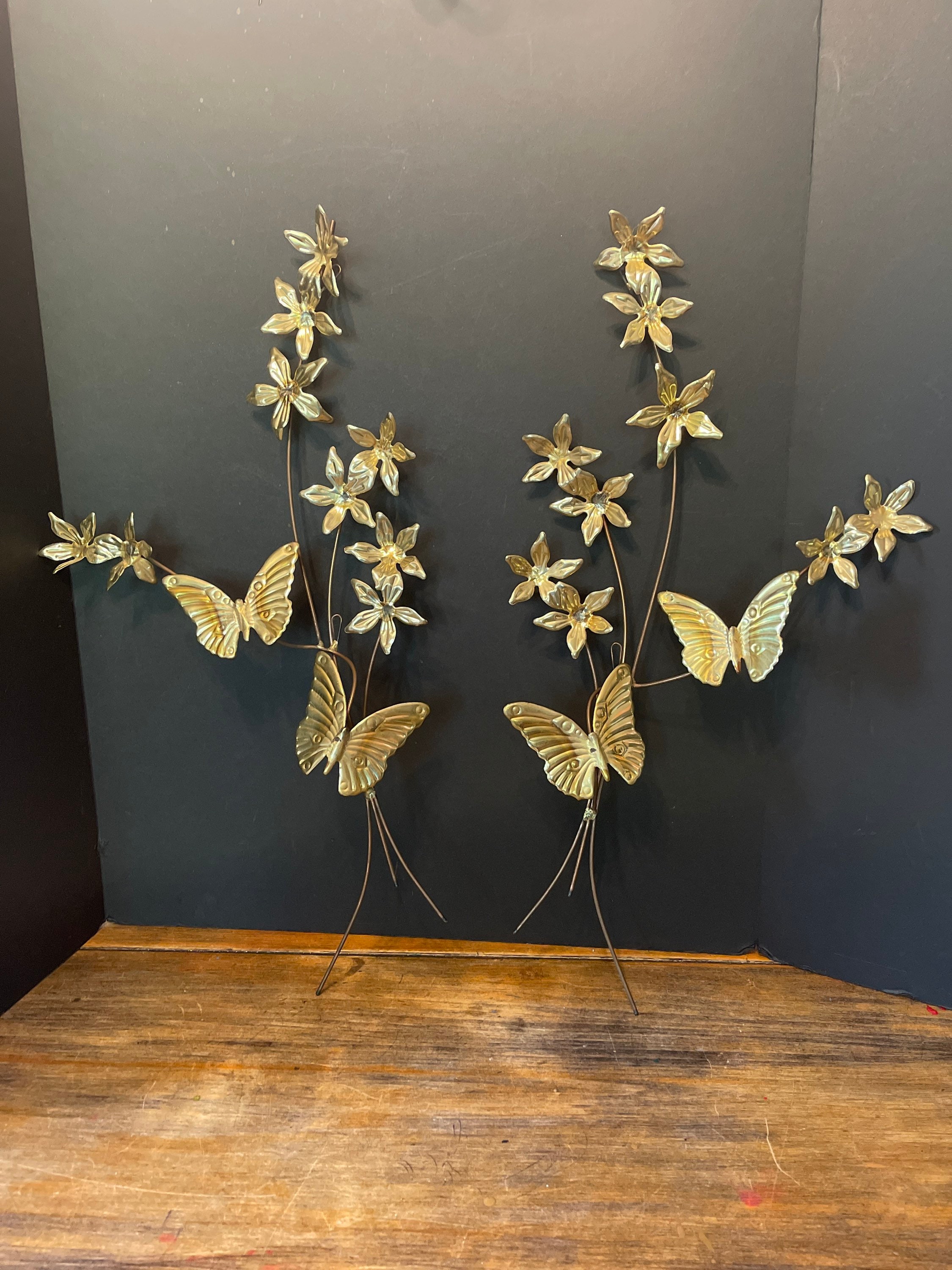 Vintage Metal Wall Decor Flowers Butterflies Brass And Copper Etsy
