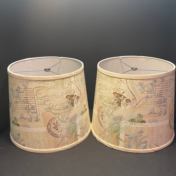 Gorgeous Set of 2 Lampshades Birds & Stamps Shabby Chic