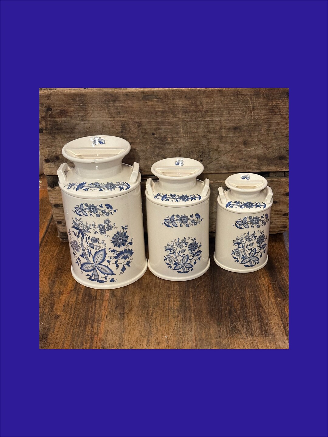 Vintage White Ceramic Canisters With Blue Folk Art Flowers Set Etsy