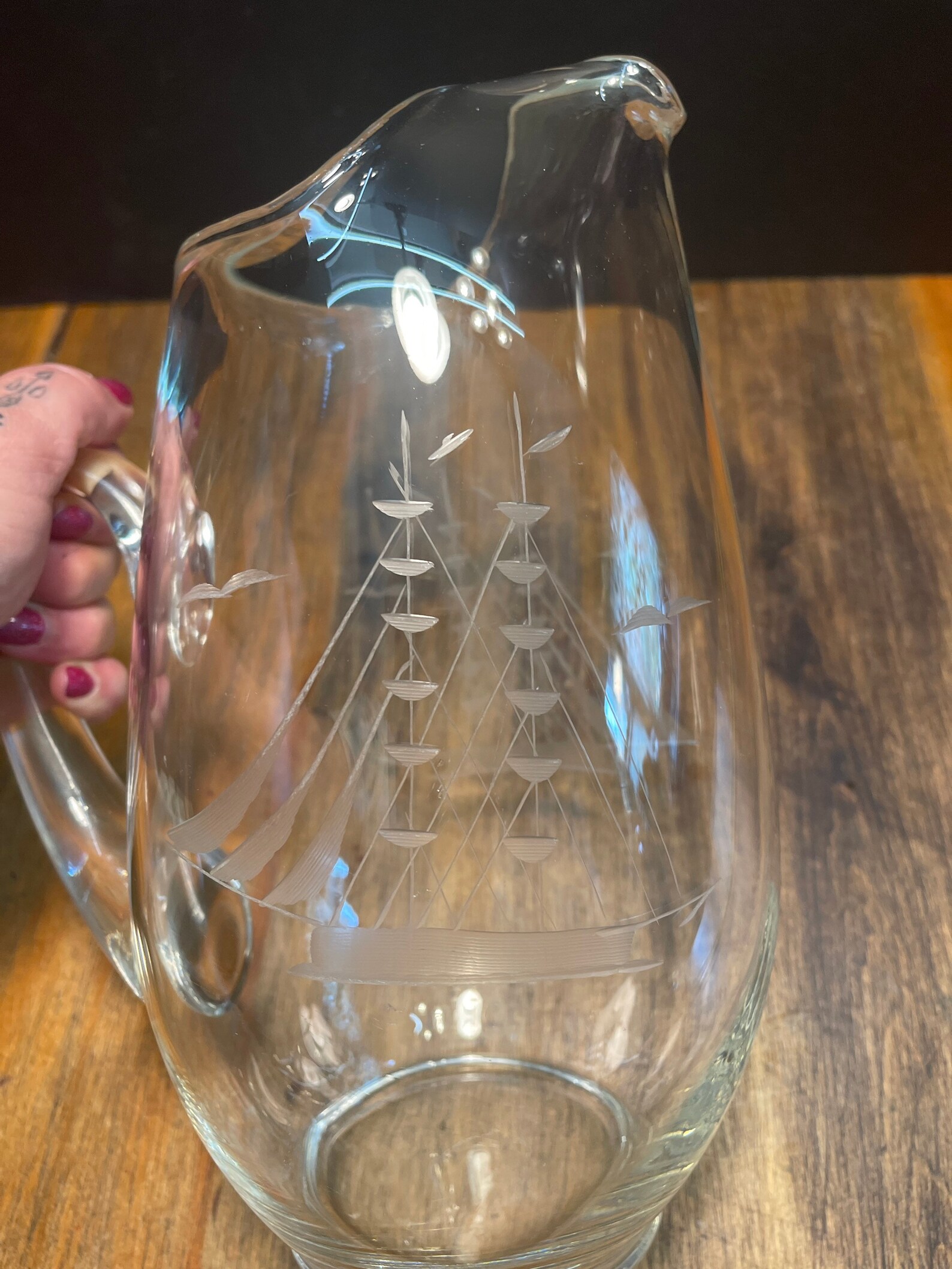 Vintage Glass Pitcher Etched Sailboat NAUTICAL water serving Etsy
