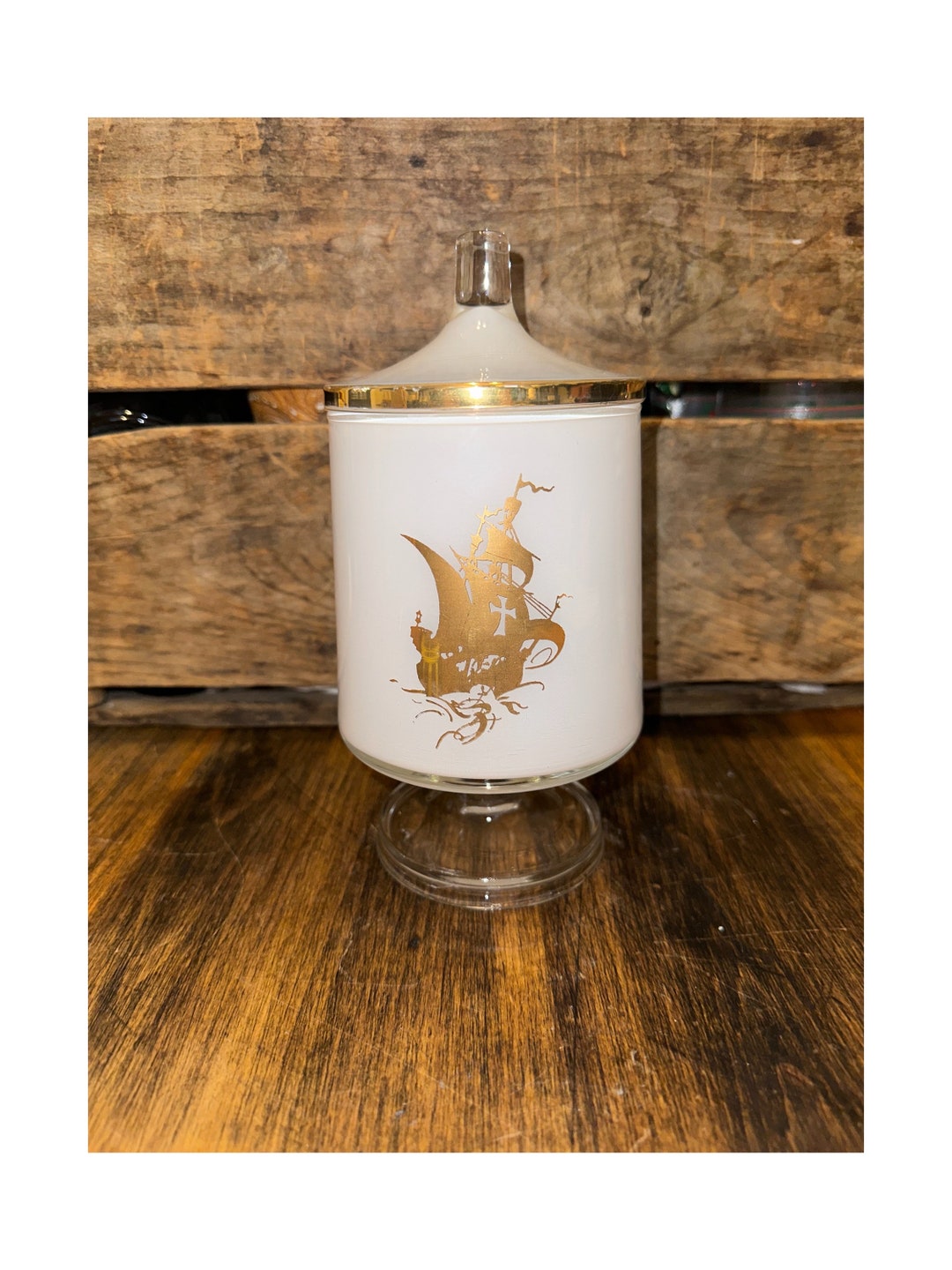 Vintage White Glass Pedestal Apothecary Jar With Gold Ship & Eagle 8 Etsy