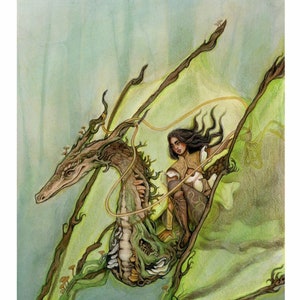 forest dragon rider print, fantasy and fairytale illustration, whimsical art, watercolor painting, mushrooms and woods