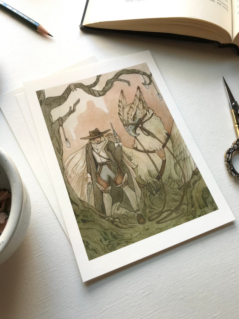 wydruk z motywem Dzikiego Zachodu, kowbojka i gryf, steampunk, ilustracja pełna kaprysu i fantastyki zdjęcie 5