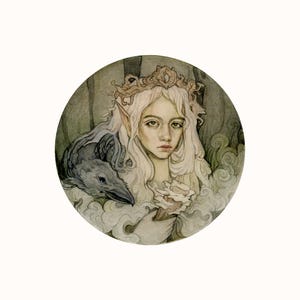 woodland fae princess print, fantasy, fairytale, forest, magical illustration, crow and raven