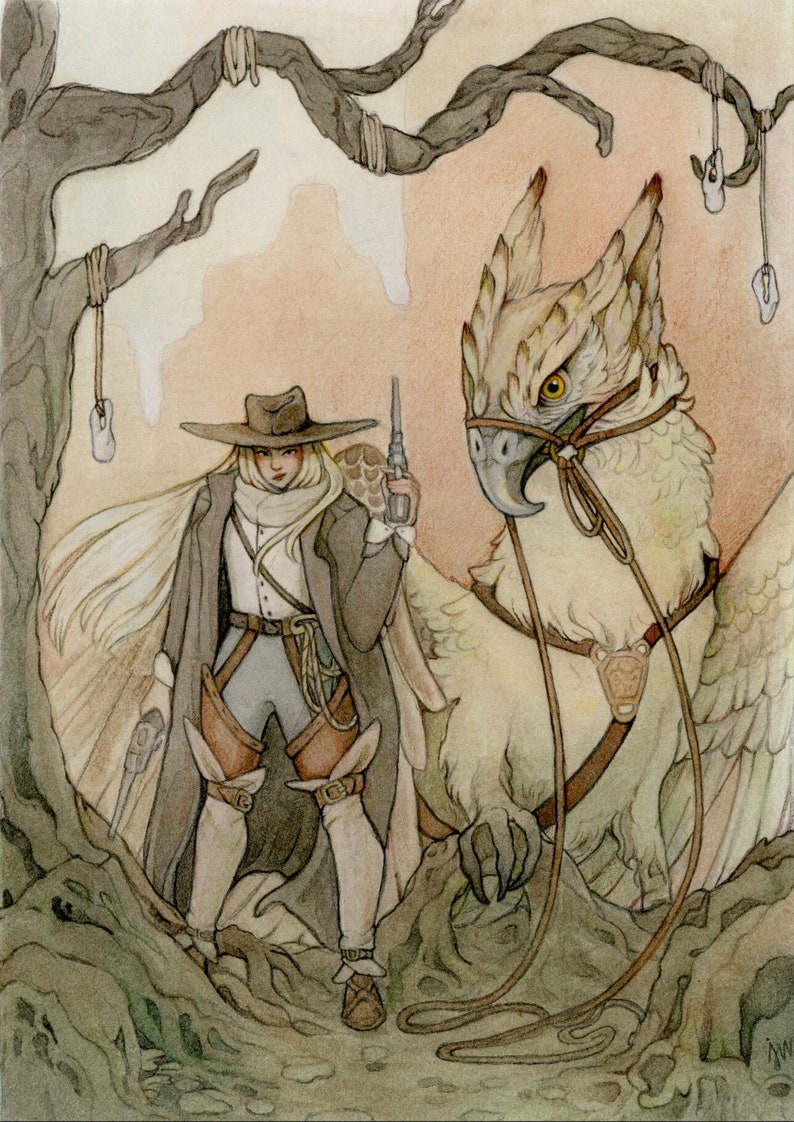 wydruk z motywem Dzikiego Zachodu, kowbojka i gryf, steampunk, ilustracja pełna kaprysu i fantastyki zdjęcie 2