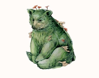 Mushroom Bear, Cute Illustration, Watercolor Art, Whimsical Creature, Cottagecore Aesthetic, Adorable Painting