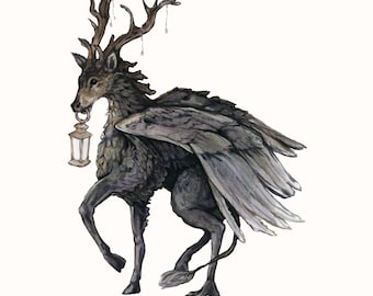 Peryton Illustration, Art Print, Mythical Creature, Whimsical Animal, Mythology Lore