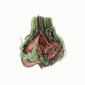 red dragon print, whimsical fantasy and fairytale illustration, mossy forest and woods