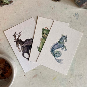 Mythical Creatures Mini Print Bundle, Peryton, Hippocampus, Moss Mushroom Bear, Adorable Whimsical Animals, Art Illustration