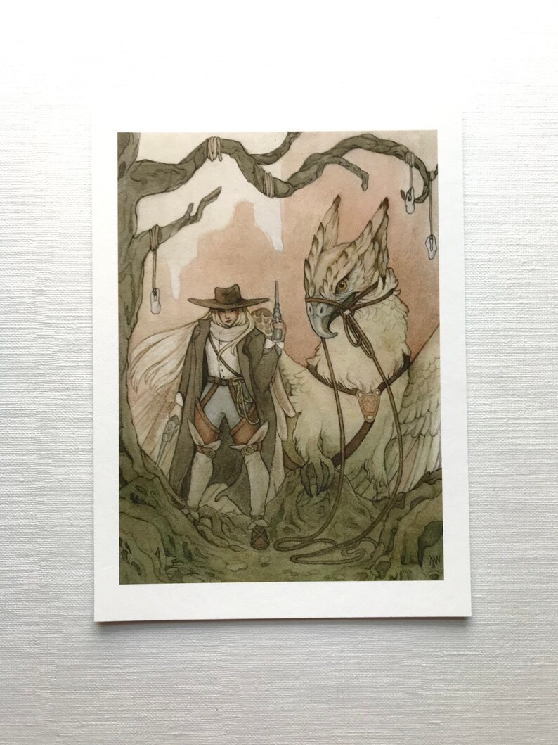 wydruk z motywem Dzikiego Zachodu, kowbojka i gryf, steampunk, ilustracja pełna kaprysu i fantastyki zdjęcie 6