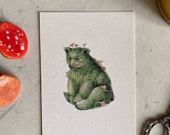 Grzybowy miś, słodka ilustracja, akwarela, kapryśne stworzenie, estetyka Cottagecore, urocze malarstwo