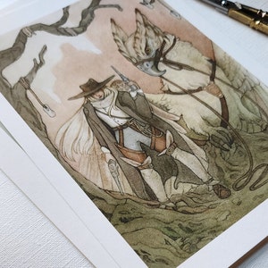 wydruk z motywem Dzikiego Zachodu, kowbojka i gryf, steampunk, ilustracja pełna kaprysu i fantastyki zdjęcie 3