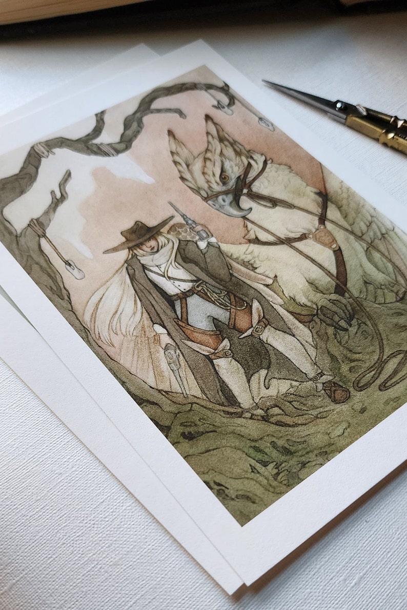 wydruk z motywem Dzikiego Zachodu, kowbojka i gryf, steampunk, ilustracja pełna kaprysu i fantastyki zdjęcie 3