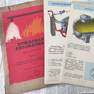 May include: A set of three vintage educational posters in Russian. The posters are about fire safety and feature illustrations of a fire truck, a fire extinguisher, and a fire hose. The text on the posters reads "Пожарная Автоматика" which translates to "Fire Automation".