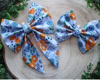 Orange Flowers on Blue - Bow Tie, Sailor Bow, Scrunchies and Cat Collars For Cats & Dogs - ChosenByKai
