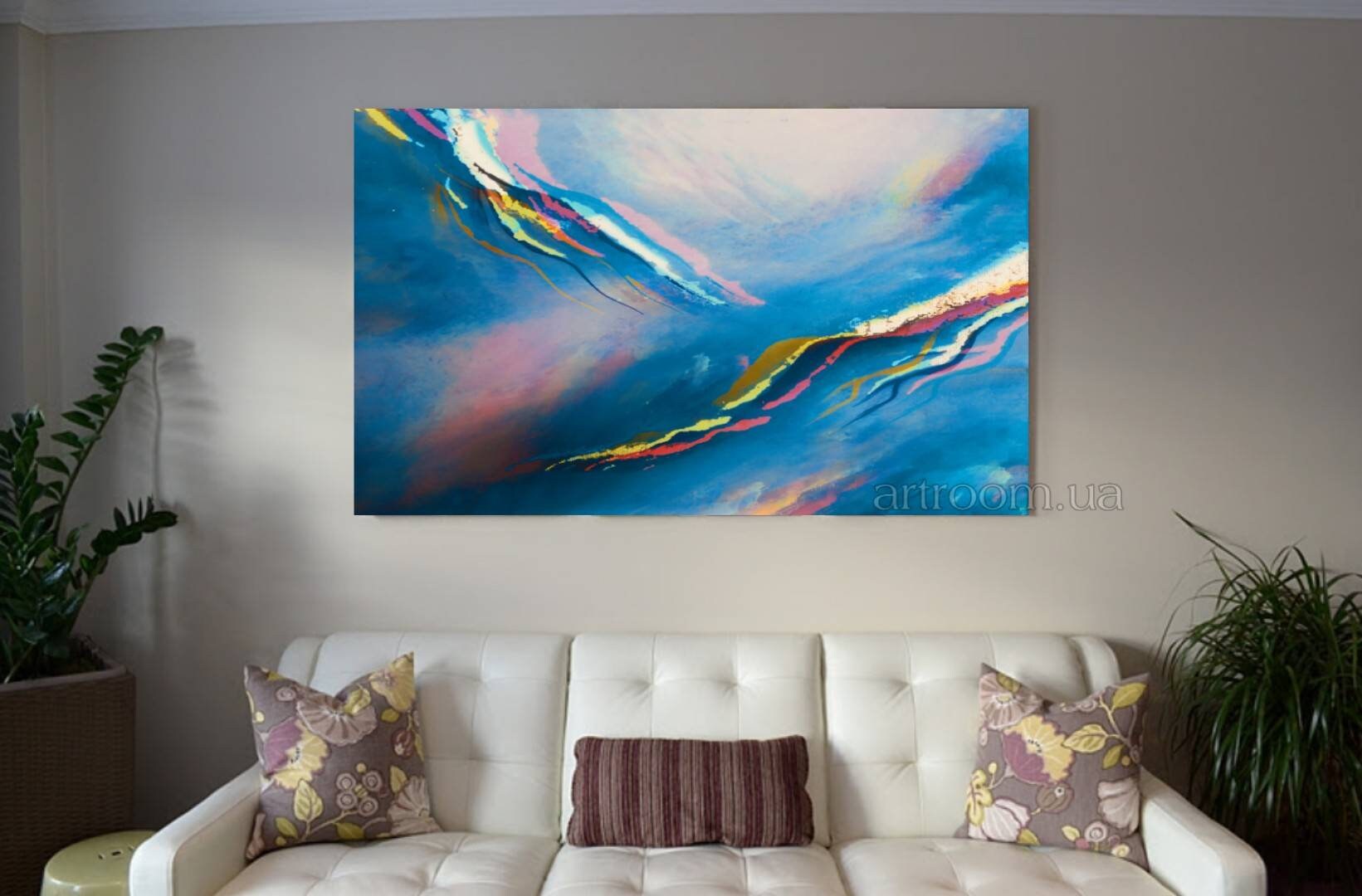 Large horizontal blue abstract painting large stretched Etsy