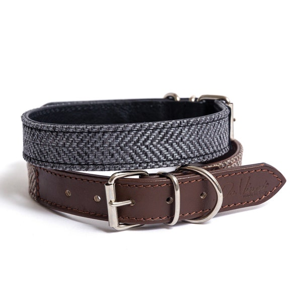 Collier pour chien Enzo Tweed et cuir en noir ou marron