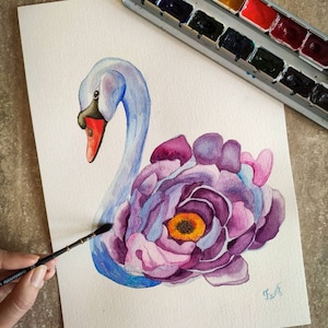 Bloemzwaan • Waterverf • Violette bloem • Lente