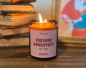 Bougie de librairie vintage : bougie en cire de soja coulée à la main dans un pot ambré