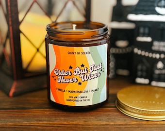 Bougie inspirée d'un anniversaire : cire de soja parfumée à la mangue, à la pêche et à la rose