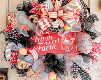 Rooster Wreath-farm Sweet Farm Wreath-farmhouse front door wreath-Rooster decoration-country animal wreath-rustic rooster-farm wreath