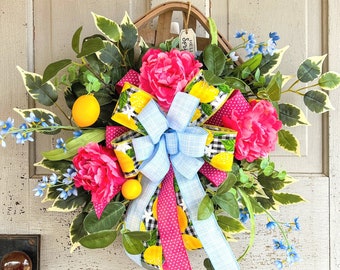 Lemon Tobacco Basket, farmhouse lemon wreath, summer floral basket, southern door decor, blue wildflower wreath, bright pink peony wreath