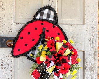 Ladybug wreath, summer ladybug wreath, ladybug door hanger, farmhouse ladybug door decor, red black check wreath, spring bug decor