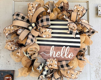 Hello farmhouse wreath-Everyday rustic Wreath-Southern Country Wreath-country cottage wreath-black tan front door wreath-neutral door decor