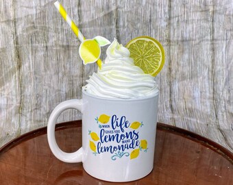 Lemon fake bake, when life gives you lemons mug, lemon faux food, lemon tier tray decor, summer lemon coffee bar decor, fruit kitchen island