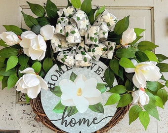 Magnolia grapevine wreath, Farmhouse magnolia wreath, southern wreath, home sweet home floral wreath, country white flower door wreath