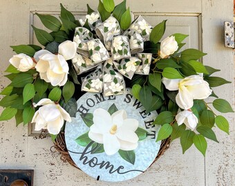 Magnolia grapevine wreath, Farmhouse magnolia wreath, southern wreath, home sweet home floral wreath, country white flower door wreath